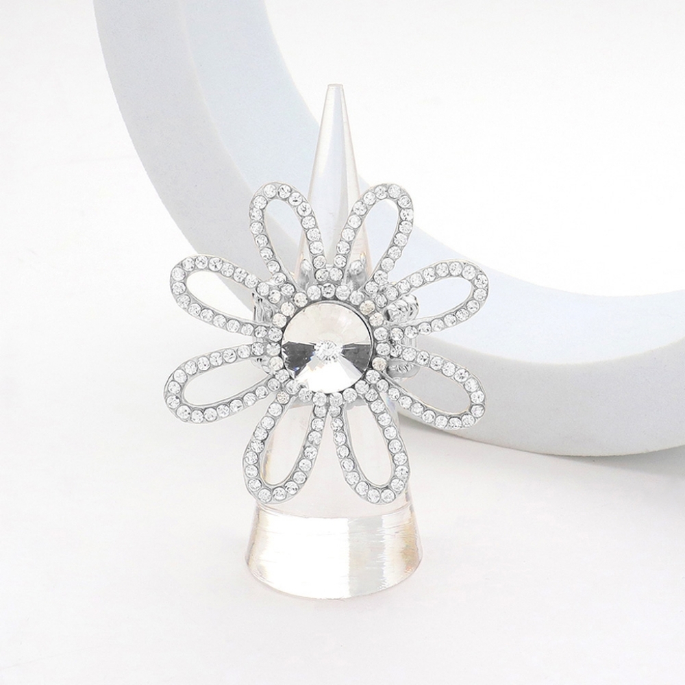Silver Stretch Rhinestone Crystal Flower Fashion Ring Finger Adjustable